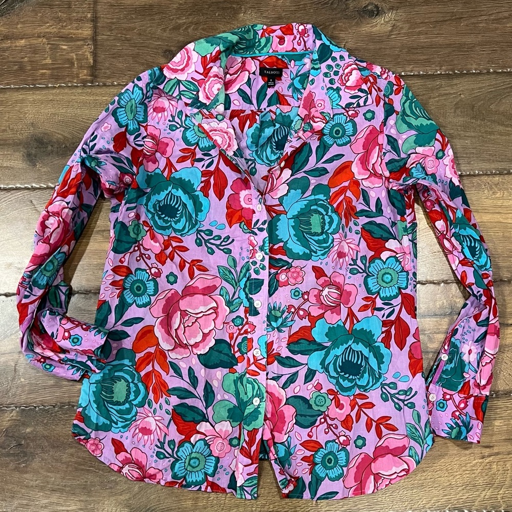 Talbots Sz Small Sketched Blooms Floral Lightweight Cotton Blouse Button Up EUC